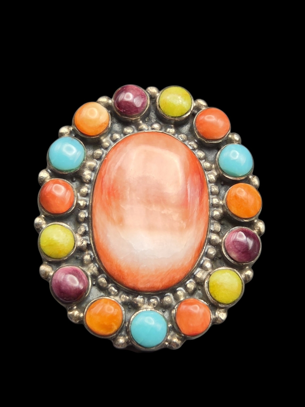 Multicolor Oval Stone Statement Ring - Orange Spiny Center 9.5 NE